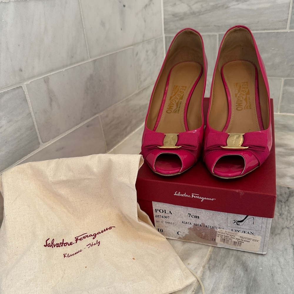 Ferragamo Pola Patent Leather Peep-Toe Pumps